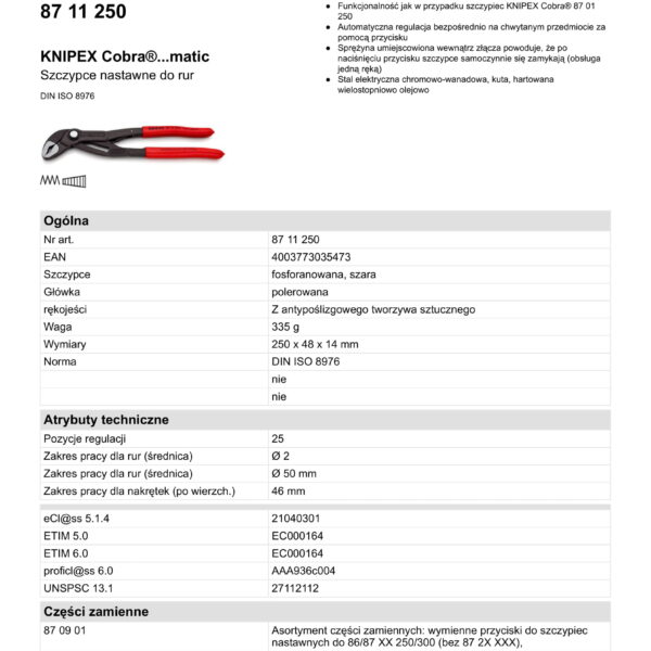 SZCZYPCE DO RUR COBRA NASTAWNE 250MM